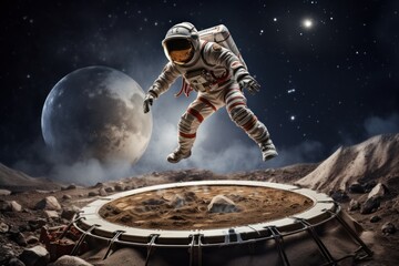 Lunar Fun: Astronaut Enjoying Trampoline on the Moon
