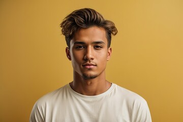 Obraz premium Young man in white t-shirt posing isolated on yellow wall background studio portrait