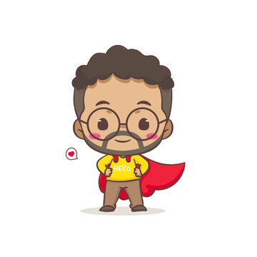 Cute father as hero with red cloak cartoon character. African man wearing glasses concept design. Flat chibi cartoon style. Vector art illustration. Isolated white background