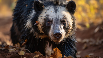 sloth bear (Melursus ursinus) in autumn looking at you.