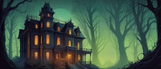 Halloween haunted mansion banner design and copy space suitable for a banner or invitation. 
