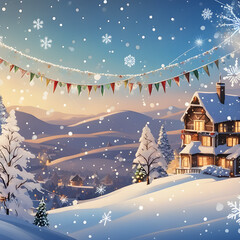 Naklejka premium A majestic banner of a snow-covered landscape, with a bright blue sky and snowflakes twinkling in the evening light, and a few festive Christmas decorations in the foreground_