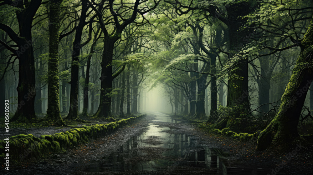 Poster a path through a forest with large trees.