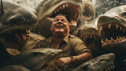 a man screaming in the water surrounded by sharks. - obrazy, fototapety, plakaty