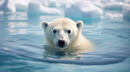 Fototapeta premium a small polar bear (Ursus maritimus) in the water.