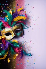 colorful mask on a white background with confetti, holidays circus, carnival