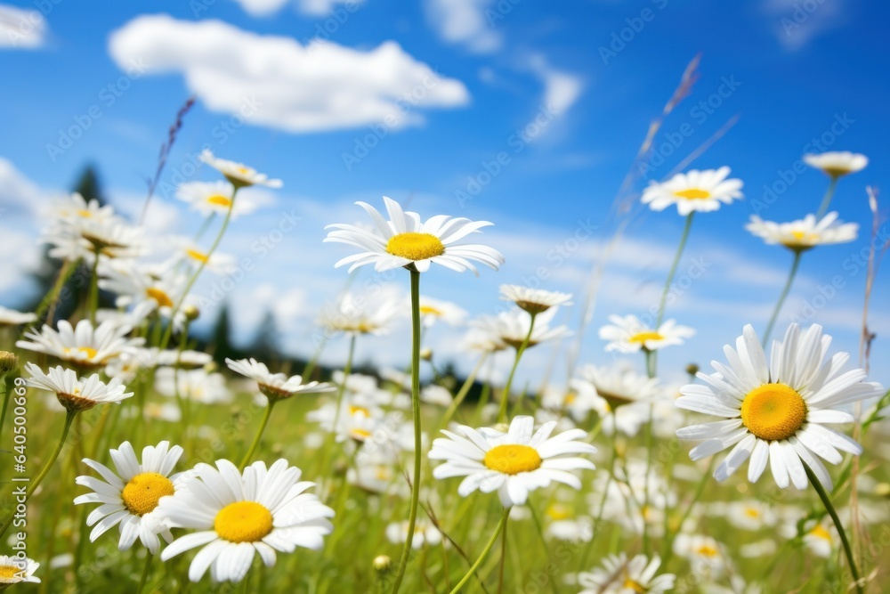 Wall mural blossoming paradise: a meadow full of daisies and flowers on a sunny day