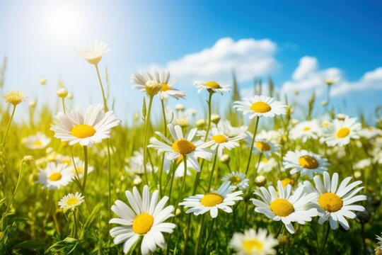 Meadow Delights: A Field of Daisies and Flowers Under the Sun's Glow
