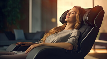 Fototapeta premium A businessman is relaxing on her massage chair in the living room while napping. Generative Ai