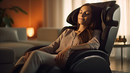 Fototapeta premium A businesswoman is relaxing on her massage chair in the living room while napping. electric massage chair. Generative Ai