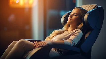 Keuken foto achterwand Massagesalon A businesswoman is relaxing on her massage chair in the living room while napping. electric massage chair. Generative Ai