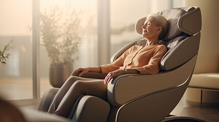 A senior woman is relaxing on her massage chair in the living room while napping. electric massage chair. Generative Ai - Powered by Adobe