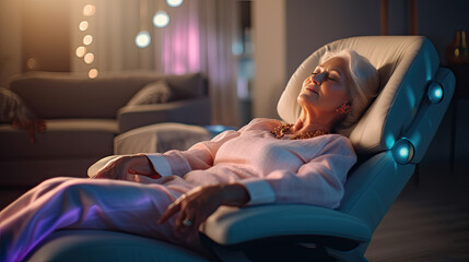 Obraz premium A senior woman is relaxing on her massage chair in the living room while napping. electric massage chair. Generative Ai