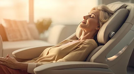 Fotobehang Massagesalon A senior woman is relaxing on her massage chair in the living room while napping. electric massage chair. Generative Ai