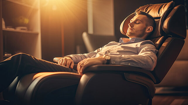 A businessman is relaxing on her massage chair in the living room while napping. electric massage chair. Generative Ai