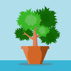 Vector of an image. Brown plant pot. with bright green leaves, many shades, with a blue back