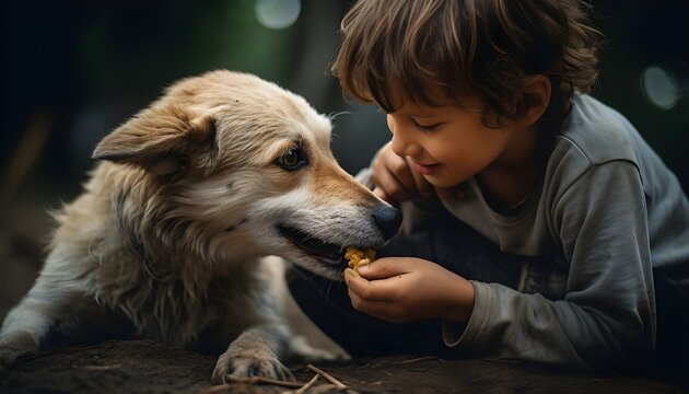 Niño alimentando a su perro con croquetas