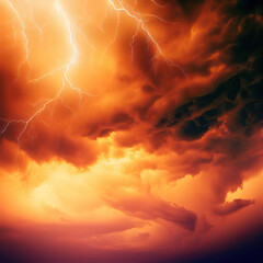 Nature force background - lightning in stormy sky with dark red clouds Generative AI 
