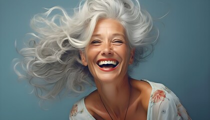 Mujer de 50 años sonriente, en un fondo azul