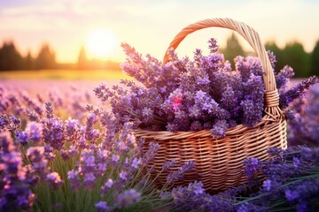 Fields of Relaxation: Wicker Basket Brimming with Lavender Blooms
