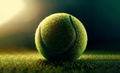 A bright yellow tennis ball rests on the green grass, its fuzzy surface and white seams showing every tiny detail and texture.