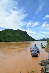 fisherman boat on Maekhong river Thailand Laos border in Chiang Khan