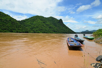 fisherman boat on Maekhong river Thailand Laos border in Chiang Khan
