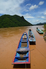 fisherman boat on Maekhong river Thailand Laos border in Chiang Khan