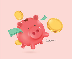 Money or gold coins float in air and fall into coin compartment of pastel pink piggy bank for financial concept
