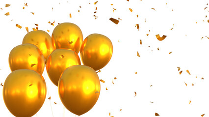 3d render of golden balloons and confetti falling on transparent background, anniversary, birthday or wedding celebration