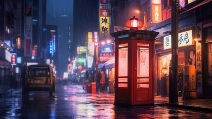 A red telephone booth stands on a city street