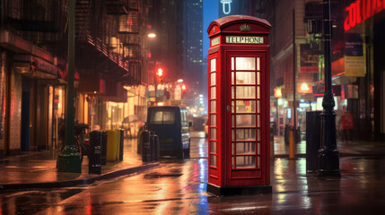 A red telephone booth stands on a city street - obrazy, fototapety, plakaty