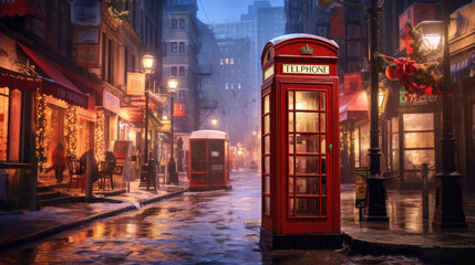 Naklejka premium A red telephone booth stands on a city street