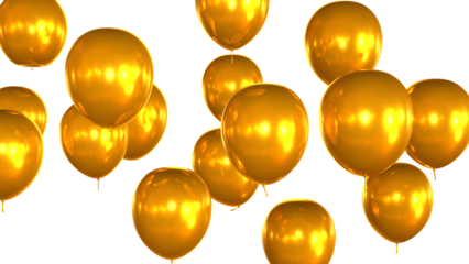 3d render of golden balloons on transparent background, anniversary, birthday or wedding celebration