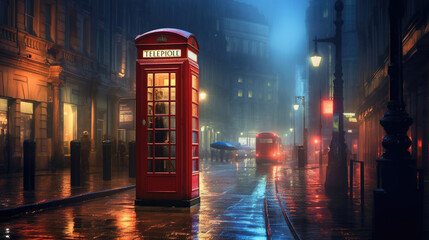 A red telephone booth stands on a city street - obrazy, fototapety, plakaty