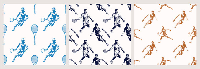 Tennis Sports Lifestyle Retro Seamless Pattern Vector Illustration Set of 3 - 640502084