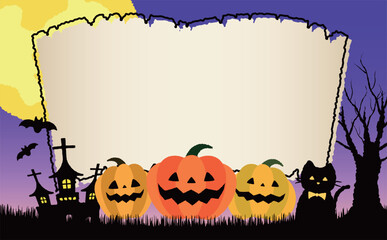 コピースペースのあるおしゃれ手描き風パンプキンと満月の夜のかぼちゃハロウィンベクターフレーム素材_紫