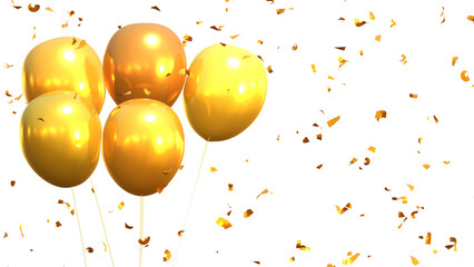 3d render of golden balloons and confetti falling on transparent background, anniversary, birthday or wedding celebration