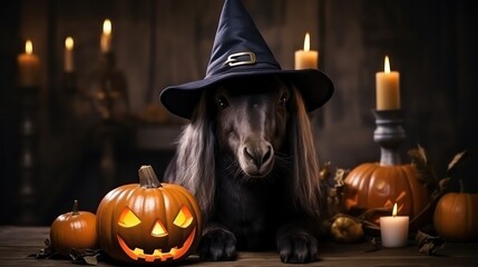 a photograph of cute horse use witch hat for halloween celebration generative ai