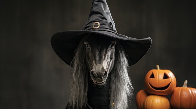 a photograph of cute horse use witch hat for halloween celebration generative ai