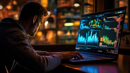 A financial analyst is monitoring the laptop market charts, with charts and diagrams flashing on the notebook screen