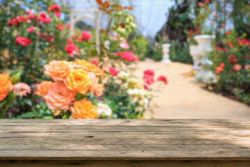 Empty wood table top with blur rose garden background for product display