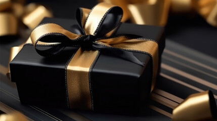 Close-up of Black and gold ribbon and black gift box, black friday concept