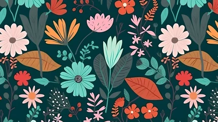 Zelfklevend Fotobehang seamless floral pattern with vibrant flowers set against a deep blue background, suitable for textiles, wallpapers, pattern fills, cover designs, surface decorations, prints, gift wrapping © Naige
