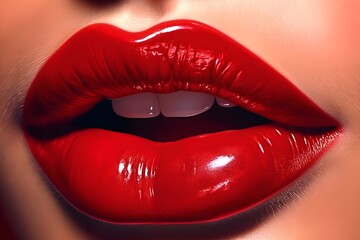 Obraz premium Close up beauty red Lips Makeup Detail. Beautiful Make-up Closeup. Sensual Open Mouth. lipstick or Lipgloss