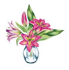 Set of watercolor lilies in a glass vase