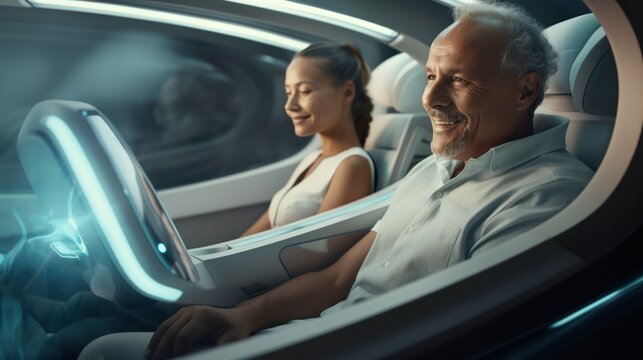 People ride in a self-driving car controlled by an artificial intelligence autopilot. Future technologies, internet of things and smart devices concept.