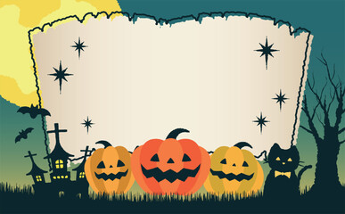 コピースペースのあるおしゃれ手描き風パンプキンと満月の夜のかぼちゃハロウィンベクターフレーム素材_緑
