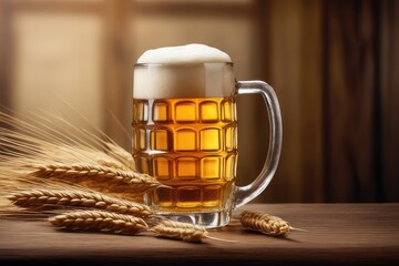 glass of beer and wheat on wooden background