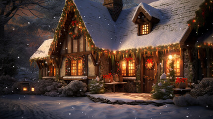 Fototapeta premium Illustration, AI generation. A Christmas cottage decorated for the holiday.
